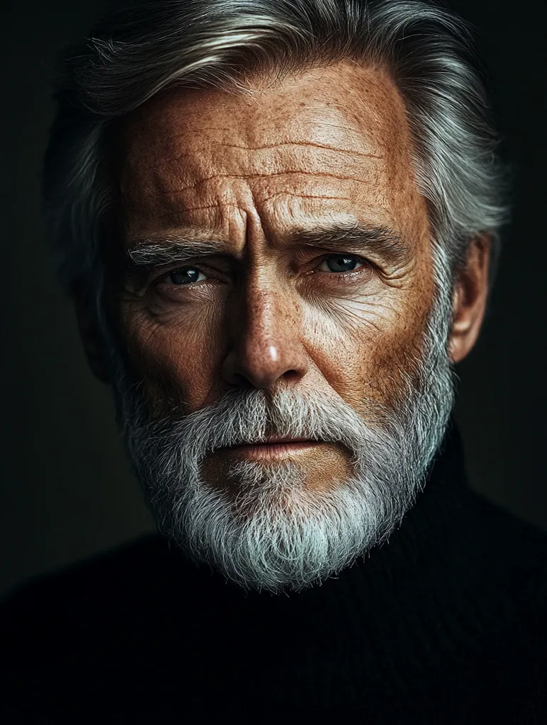 A close-up portrait of an older man with a long, white beard. His eyes are piercing blue, and his face is lined with wrinkles, suggesting a life of experience and wisdom. He is wearing a black turtleneck sweater, and the lighting is dramatic, highlighting the texture of his skin and beard. His expression is serious and contemplative, perhaps even a touch sorrowful. The image conveys a sense of maturity, strength, and a certain quiet intensity.