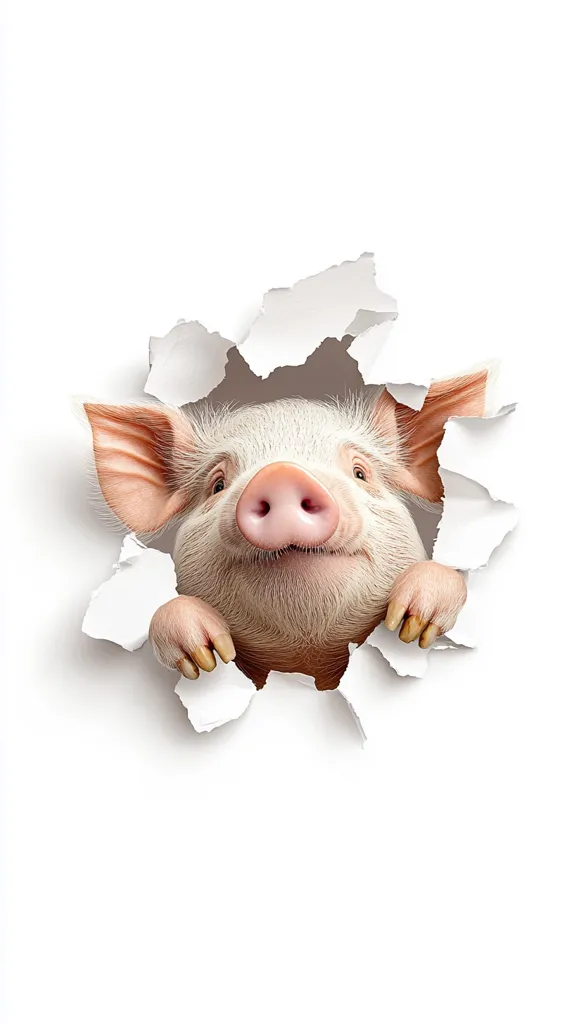 A pink pig with a sweet expression peeks through a torn white paper. Its ears are floppy and its snout is slightly upturned. The pig's eyes are bright and seem to be looking at the camera. The background is a white plain surface.  The pig's body is hidden from view except for its head, ears, and front hooves.  The image creates a playful and whimsical feel.