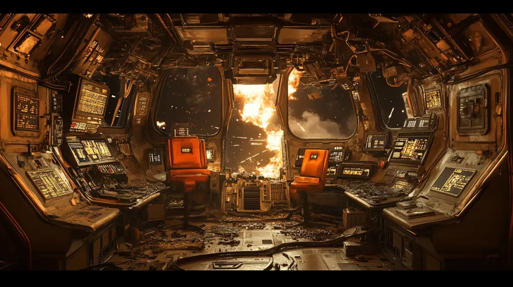 The image shows the interior of a spaceship cockpit during a battle. The cockpit is damaged and dusty, with various buttons and screens. The view outside the window shows a fiery explosion and a starry sky. Two orange seats sit empty in the center of the cockpit, suggesting the crew has abandoned their post. The scene conveys a sense of urgency and chaos.