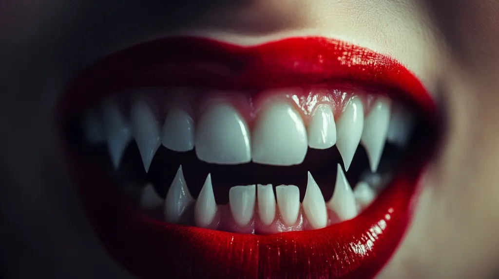 A close-up shot of a vampire's mouth.  The lips are painted a bright red and the fangs are long and pointed, glinting in the light. The image evokes a sense of danger and mystery, hinting at a creature of the night.