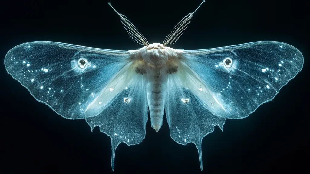 A large, white moth with translucent, shimmering wings. The moth has a light blue hue with a pattern of white dots.  It is posed against a black background, highlighting its delicate beauty. The moth's feathery antennae and long, trailing wings create a sense of ethereal grace.  The image evokes a sense of wonder and the beauty of nature's delicate creations.