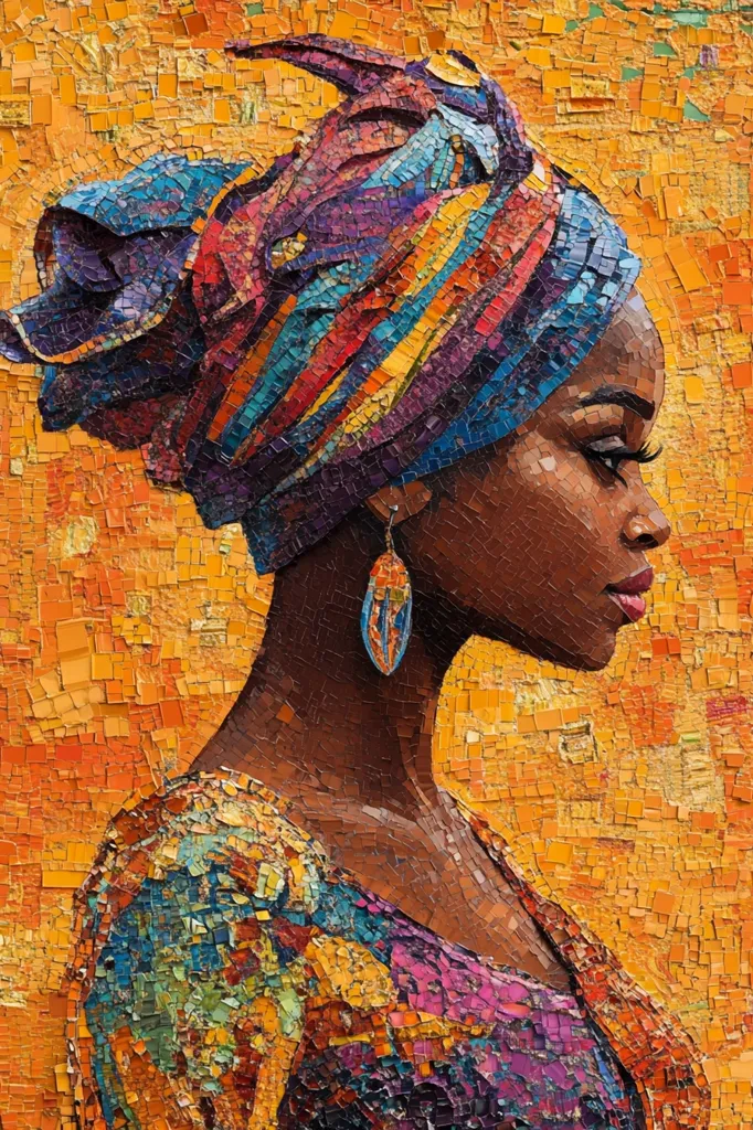 A mosaic portrait of a woman with dark skin, wearing a colorful headscarf and a patterned dress. Her face is in profile, gazing off to the right. The background is a warm, textured orange mosaic. The image is a vibrant and detailed representation of African beauty and culture.