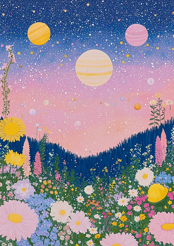 The image is a colorful, whimsical painting of a field of flowers under a pink and blue sky. The sky is filled with stars and three planets, giving the scene a dreamy and magical feel. The flowers are a mix of colors and shapes, creating a beautiful and vibrant display. The overall impression is one of peace, joy, and wonder.