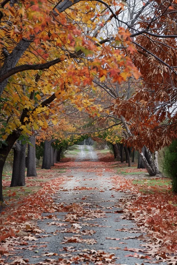 A long, paved path winds through a forest of vibrant autumn trees.  The leaves are a mix of oranges, reds, and yellows, creating a beautiful mosaic of color. The path is covered in fallen leaves, and the air is crisp and cool. The trees line the path on both sides, creating a sense of mystery and wonder. The light filtering through the leaves casts dappled shadows on the ground, adding to the enchanting atmosphere.  The scene evokes a feeling of peace and tranquility, a moment of beauty in the changing seasons.