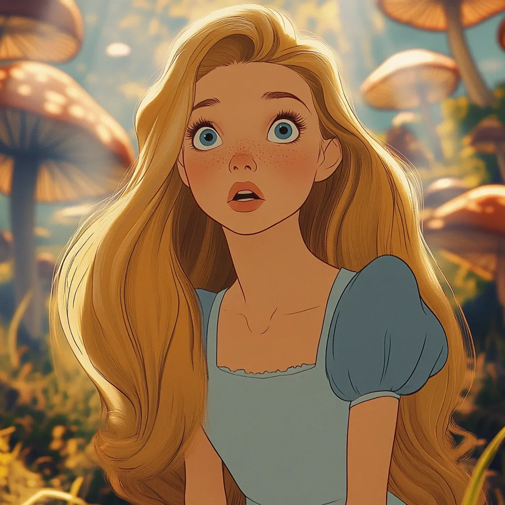 The image shows a young woman with long blonde hair, wearing a light blue dress with puffed sleeves. She has large blue eyes and freckles. Her expression is one of surprise or shock, as she looks upwards with her mouth slightly open. The background consists of large, cartoonish mushrooms, suggesting a fantasy or fairytale setting. The lighting is soft and warm, creating a whimsical atmosphere.  The illustration is detailed and expressive, capturing the character's emotions and the magical environment.
