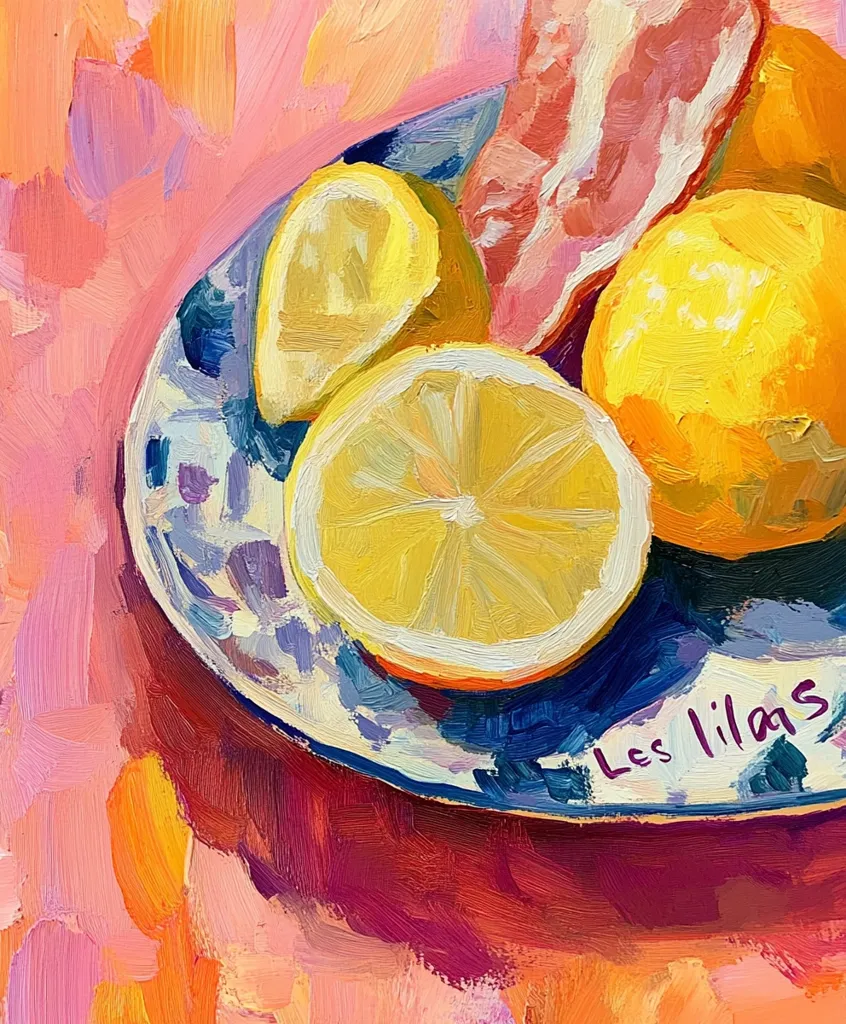 The image is a still life painting of lemons and bacon on a blue and white patterned plate. The plate is on a bright pink surface. The lemons are cut in half, with one slice showing the inside. The bacon is cooked and has a reddish hue. The painting is done in a loose, impressionistic style with visible brushstrokes. The signature "Les Lilas" is written in the bottom right corner.  The overall mood is bright and cheerful, with vibrant colors.