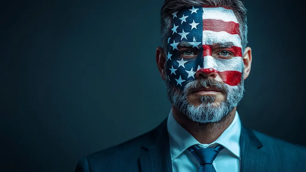 A man in a suit with a serious expression stares directly at the camera. The left half of his face is painted with the American flag. The background is a dark blue. The image evokes feelings of patriotism and national pride.