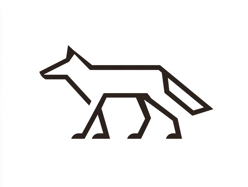 The image is a simple line drawing of a wolf, created with geometric shapes. The wolf is depicted in profile, with its head turned slightly to the side. Its legs are straight and its tail is curled. The image is minimalistic and has a modern, abstract feel.  The lines are clean and bold, creating a strong visual impact.