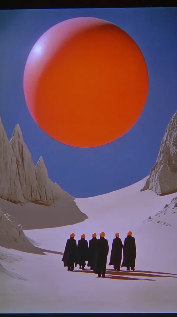 A large, orange sphere hovers in the sky above a barren, white landscape. Two jagged, white mountains frame the scene. In the foreground, a line of eight figures, wearing black cloaks and orange helmets, walk across the snow-covered ground, their backs to the viewer. The scene is both surreal and ominous, suggesting a dystopian future or a strange, alien world.