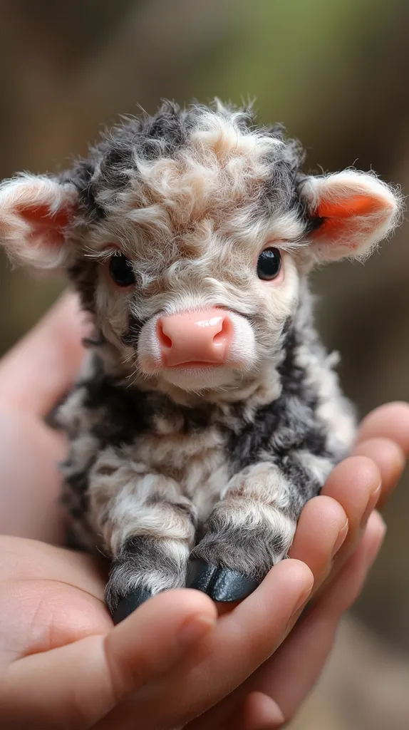 A small, fluffy calf with black and white fur is held in the palm of a person's hand. The calf's large, dark eyes and pink nose are prominent features. The calf's hooves are visible, and the person's fingers are gently curled around the calf's body. The image conveys a sense of tenderness and the bond between humans and animals.