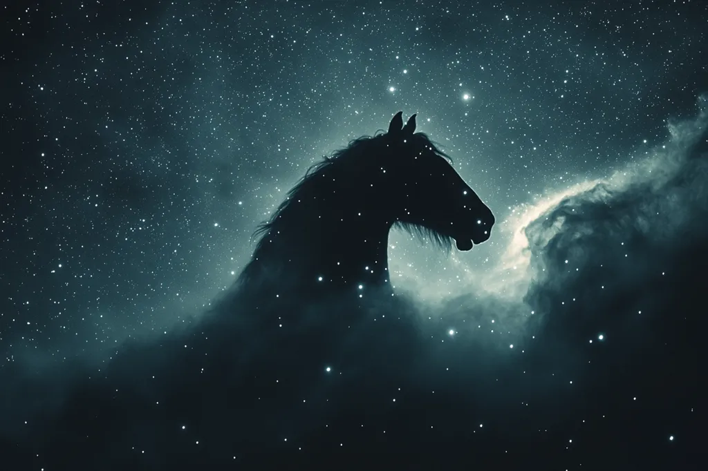 The image shows the silhouette of a horse's head against a starry sky. The stars are scattered across the dark blue sky, creating a sense of vastness and wonder. The horse's head is positioned in the upper right corner of the image, facing left. The image is a beautiful representation of nature's beauty.
