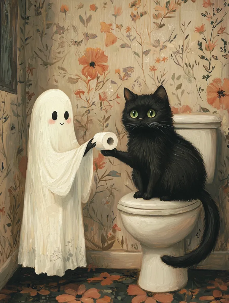 A white ghost in a flowing gown stands next to a black cat sitting on a toilet. The ghost is holding out a roll of toilet paper towards the cat. They are both in a bathroom with floral wallpaper and a patterned floor. The cat looks at the ghost with a curious expression.  The image is humorous and whimsical, depicting a scene of unexpected interaction between a ghost and a cat.