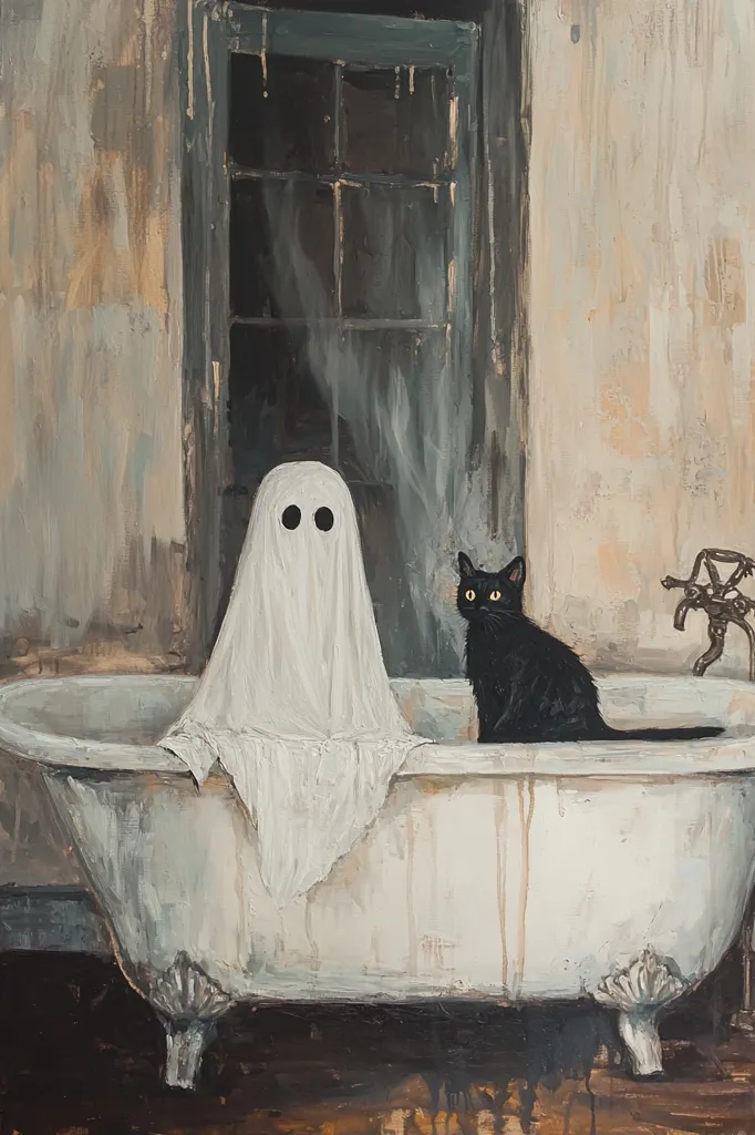 The painting depicts a white ghost, seemingly taking a bath in a claw-footed tub. A black cat with piercing yellow eyes sits beside the ghost in the tub, looking to the side. The scene is set in a dingy bathroom, with the window obscured by a cobweb and peeling paint. The lighting is soft and hazy, giving the image a spooky feel.