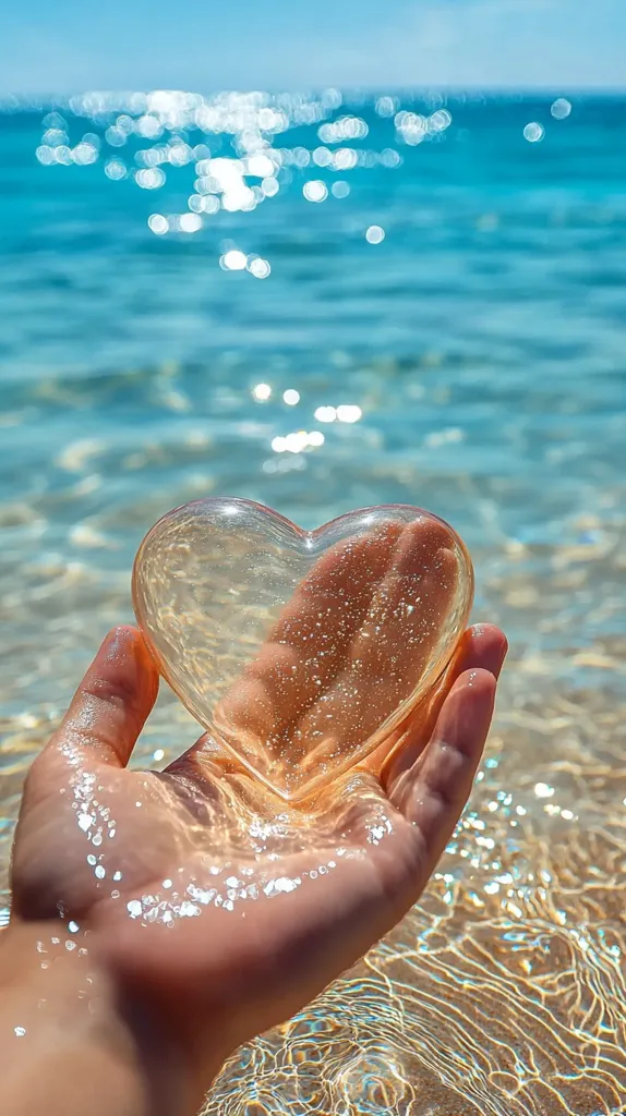 A hand holds a clear, heart-shaped object filled with water, creating a mesmerizing effect.  The hand and object are partially submerged in clear, rippling water, with a soft, sun-drenched beach in the background. The scene is reminiscent of a tranquil beach setting, evoking feelings of peace and serenity.