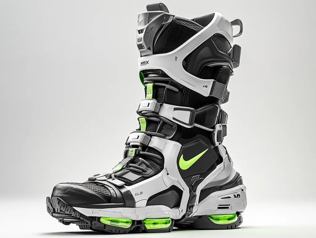 The image shows a pair of futuristic-looking Nike boots. They are black, white, and green with a chunky sole and multiple straps and buckles. The Nike swoosh is a bright green and the boots have a rugged, outdoor look.