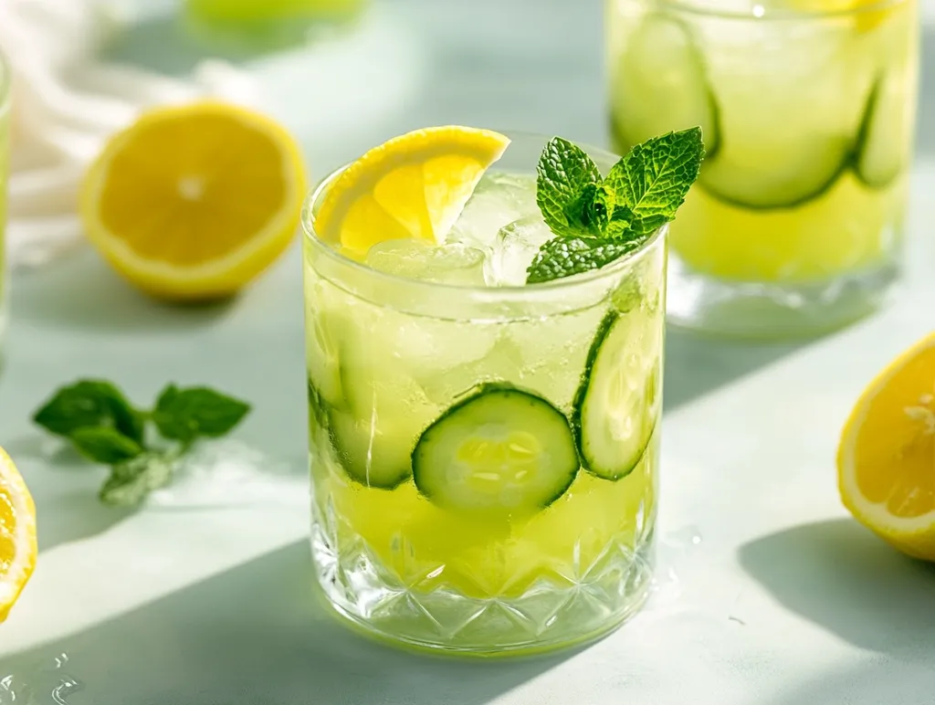 A refreshing summer drink, garnished with cucumber slices, lemon wedges and fresh mint, sits on a light blue surface.  Sunlight casts shadows on the table. The drink is chilled with ice cubes.  The image evokes a sense of cool, thirst-quenching refreshment.
