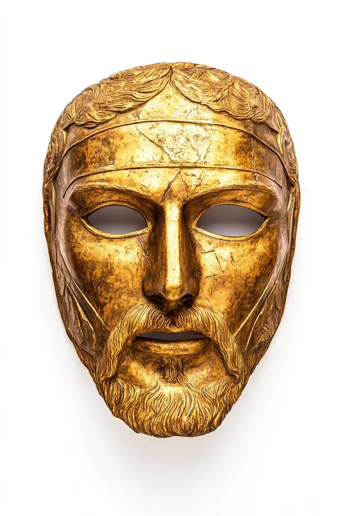 The image shows a golden mask of a man's face. The mask is intricately detailed, with a sculpted beard, hair, and facial features. The mask has a worn, textured surface, suggesting that it is an ancient artifact. It is positioned against a plain white background, emphasizing the mask's intricate details and golden hue.