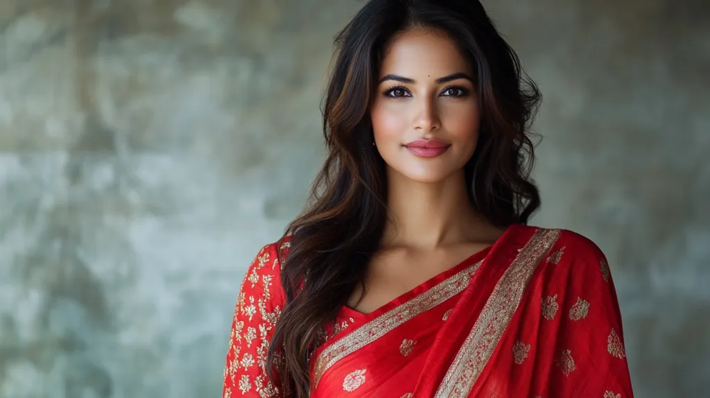 A young woman with long dark hair and striking features is wearing a traditional red saree with gold embellishments. She is looking directly at the camera with a soft smile,  against a blurred background of a textured wall. The image has a warm and inviting feel.
