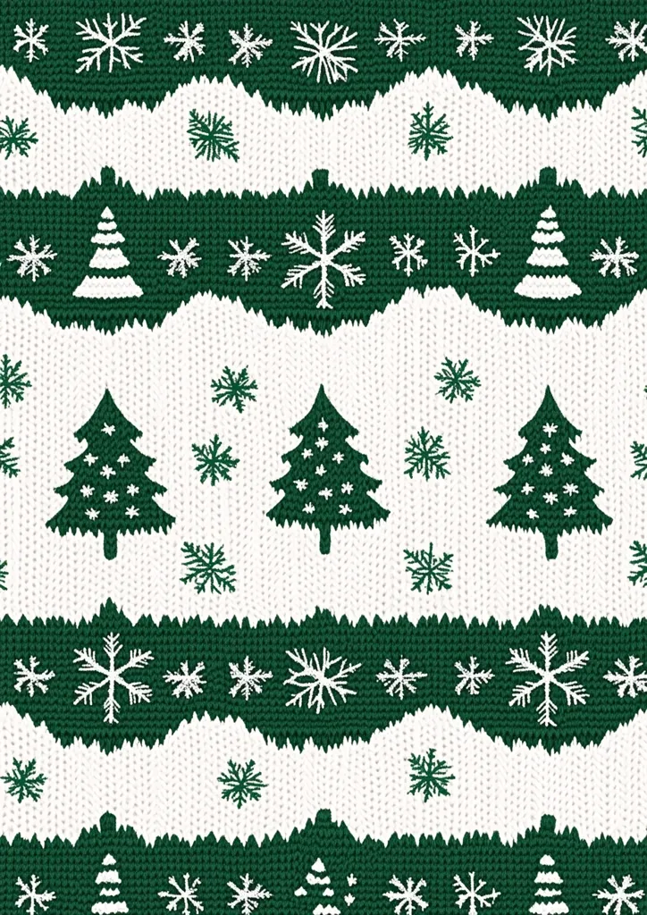 The image shows a festive Christmas pattern with green and white colors. The design is a classic knitted pattern with a repeating motif of stylized Christmas trees and snowflakes. The trees are small and simple, while the snowflakes are detailed and intricate. The pattern is reminiscent of a traditional Christmas sweater, with a charming and cozy aesthetic. The colors are bright and cheerful, perfect for capturing the spirit of the holiday season.