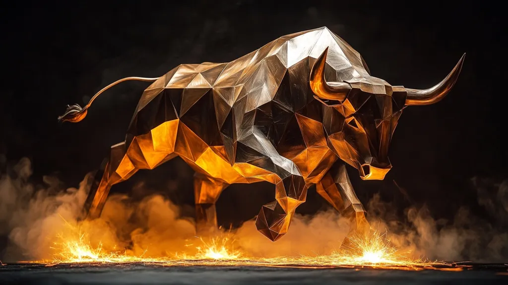 A geometric, golden bull sculpture stands amidst a smoky, fiery backdrop. The bull's muscular form is rendered in sharp, angular shapes, creating a striking contrast against the soft, swirling smoke and flickering flames. The sculpture's intricate details and dramatic pose suggest strength, power, and determination.  The overall effect is both awe-inspiring and slightly ominous.
