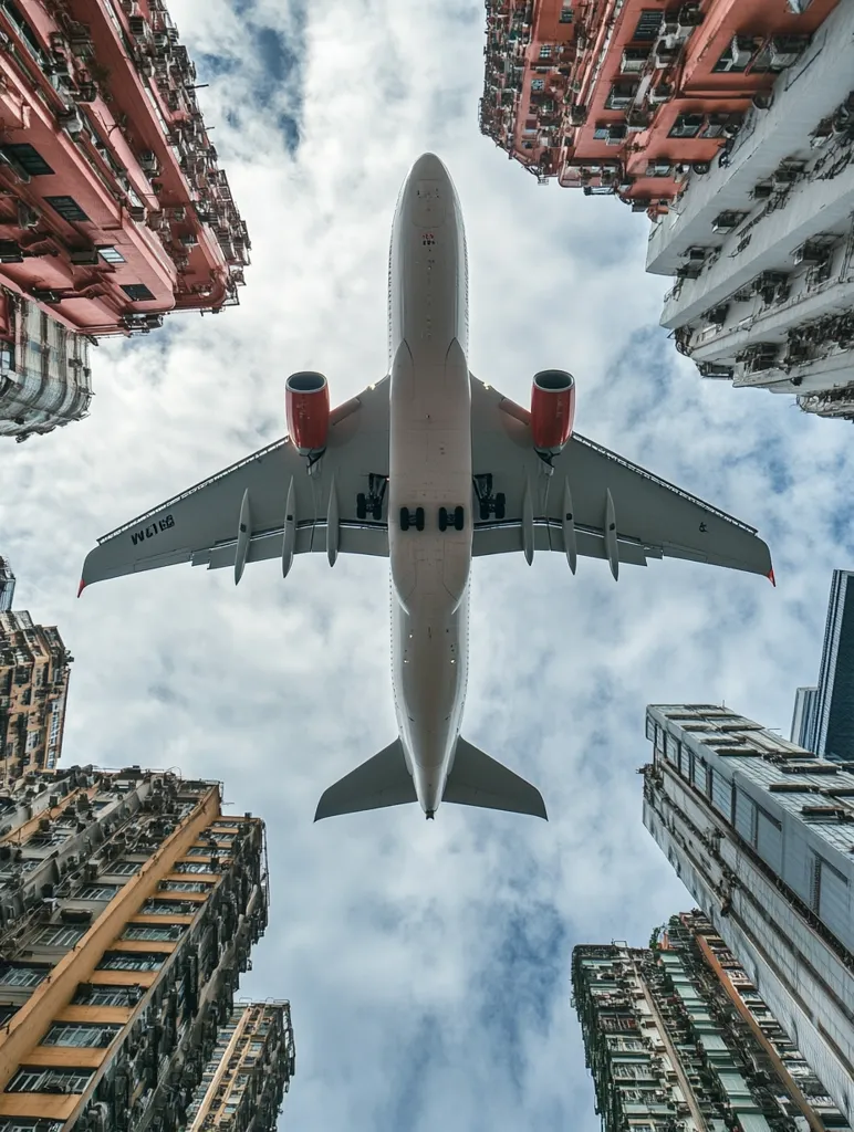 A white passenger airplane flies low over a cityscape. The camera is pointed upwards at the airplane from ground level, with tall buildings on either side of the frame. The sky is cloudy, and the airplane has red accents on its wings.  The buildings are all very tall and closely spaced, giving the image a sense of urban density.