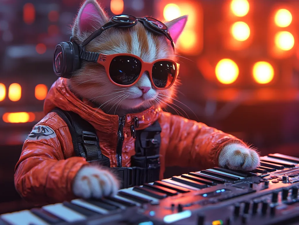 A cat wearing sunglasses, a red jacket, and headphones is playing a keyboard.  The cat has a serious expression on its face, and the lights in the background are blurred.  The image is a humorous and creative depiction of a cat as a musician.