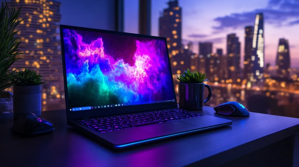 A sleek black laptop sits open on a desk with a glowing purple and blue nebula backdrop.  The keyboard is illuminated with purple light and a black wireless mouse sits next to it.  The laptop is in focus while the background is blurry showing an out-of-focus city skyline at dusk.