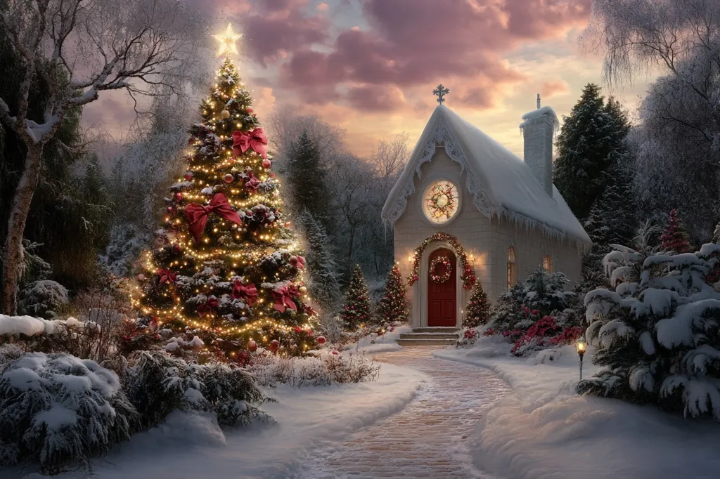 A snowy winter scene with a charming white chapel adorned with Christmas lights and a wreath. A large, decorated Christmas tree stands nearby, casting a warm glow. The pathway leading to the chapel is covered in snow, creating a magical and peaceful atmosphere. The sky is a beautiful blend of pink and purple hues, making the scene even more enchanting.