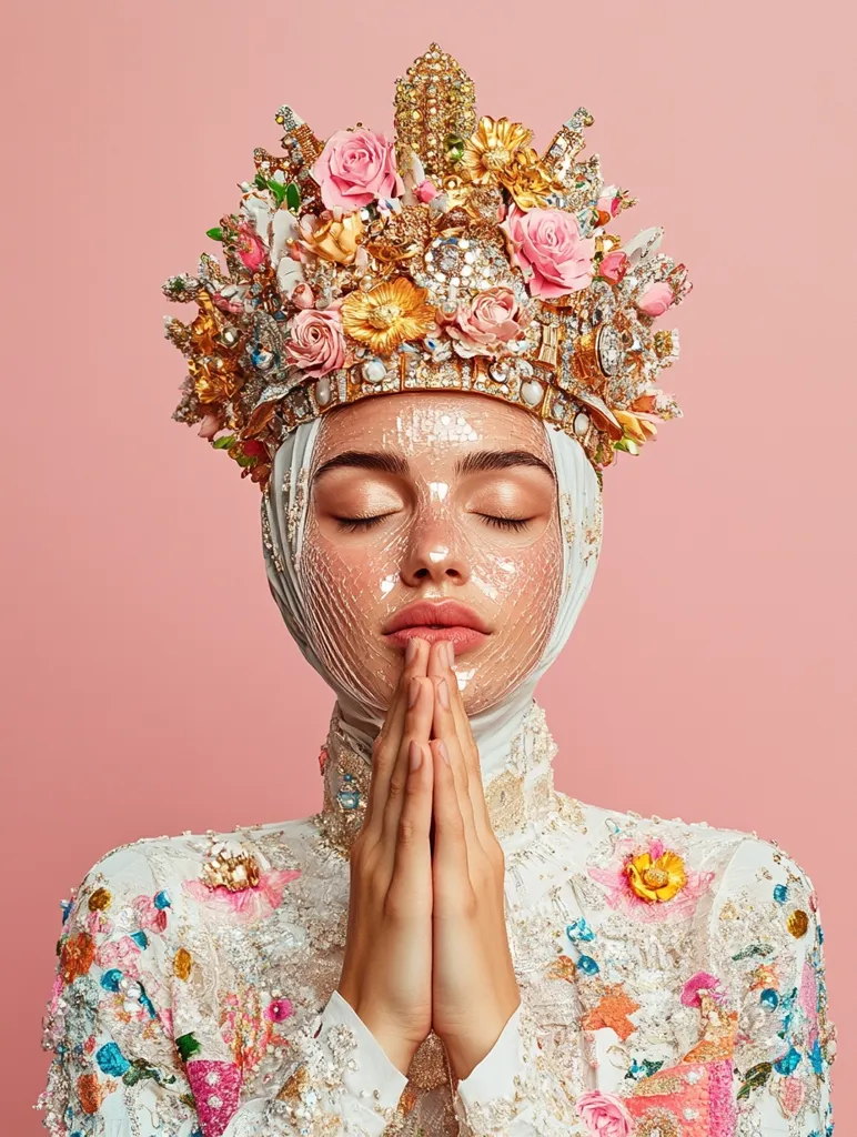 A woman wearing a large, ornate crown of flowers and jewels, adorned with a white, embellished garment, has her eyes closed and hands clasped in prayer. Her face is covered in a clear, plastic mask. The background is a soft, pink color.  The image conveys a sense of spirituality and tranquility.