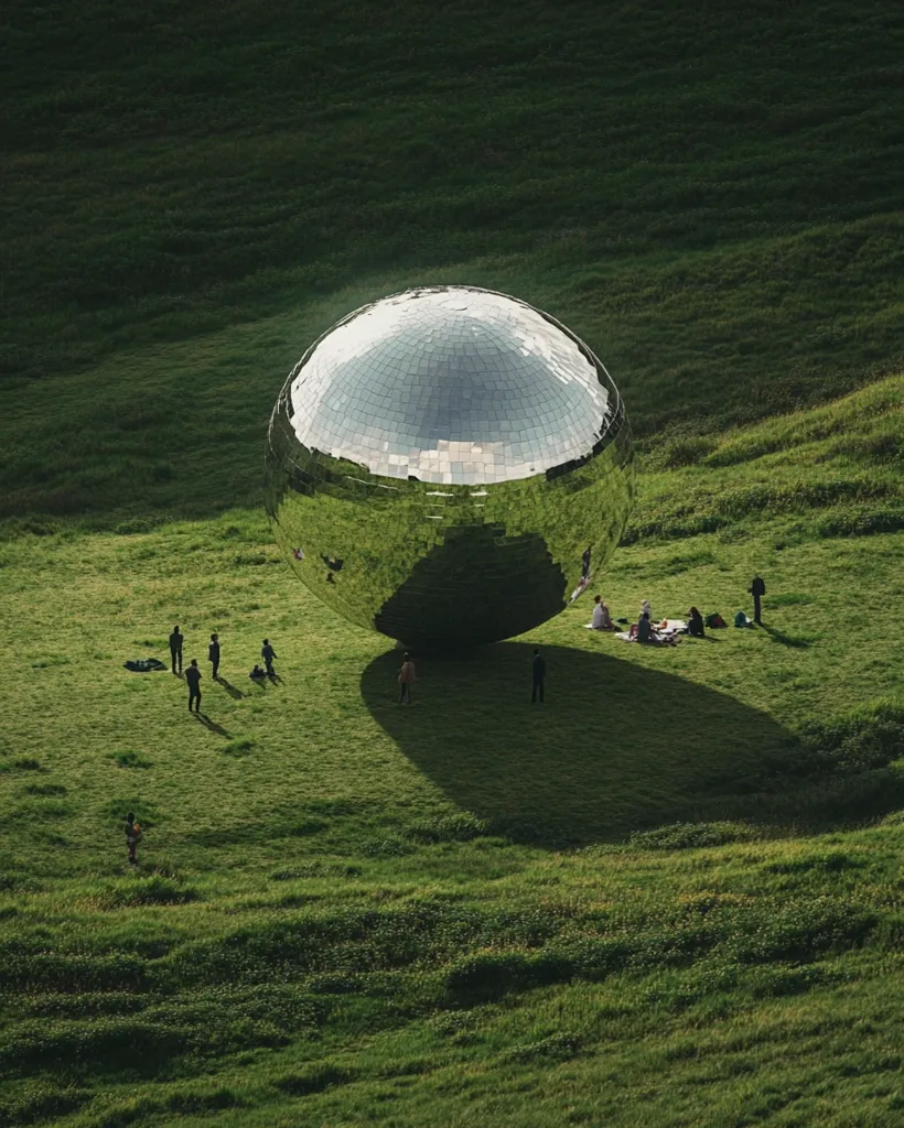 A large, mirrored sphere sits on a grassy hillside. The sphere is reflecting the surrounding landscape. A group of people are gathered near the sphere, some are standing and some are sitting on a picnic blanket. The scene is peaceful and serene.  The reflection of the sky in the sphere creates a sense of depth and wonder.