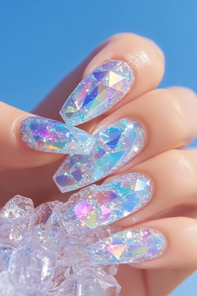 A hand with long, manicured nails, each adorned with a sparkly, iridescent, geometric design. The nails are covered in small, glittering pieces that create a dazzling, almost holographic effect. The nails are resting on top of clear crystal-like objects, adding to the magical and whimsical aesthetic. The background is a soft blue, reminiscent of a dreamy, ethereal atmosphere.