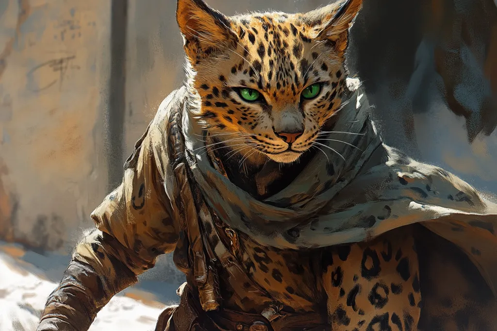 A  leopard-like creature with piercing green eyes stares intensely at the viewer. It's dressed in a brown cloak with a long, flowing scarf, creating a sense of mystery and intrigue. The creature's fur is a mix of  brown, black, and yellow, creating a striking contrast against the blurred background. Its sharp features and focused gaze suggest a fierce and powerful nature.  The overall image is evocative and captivating, leaving the viewer to wonder about the creature's story and its intentions.