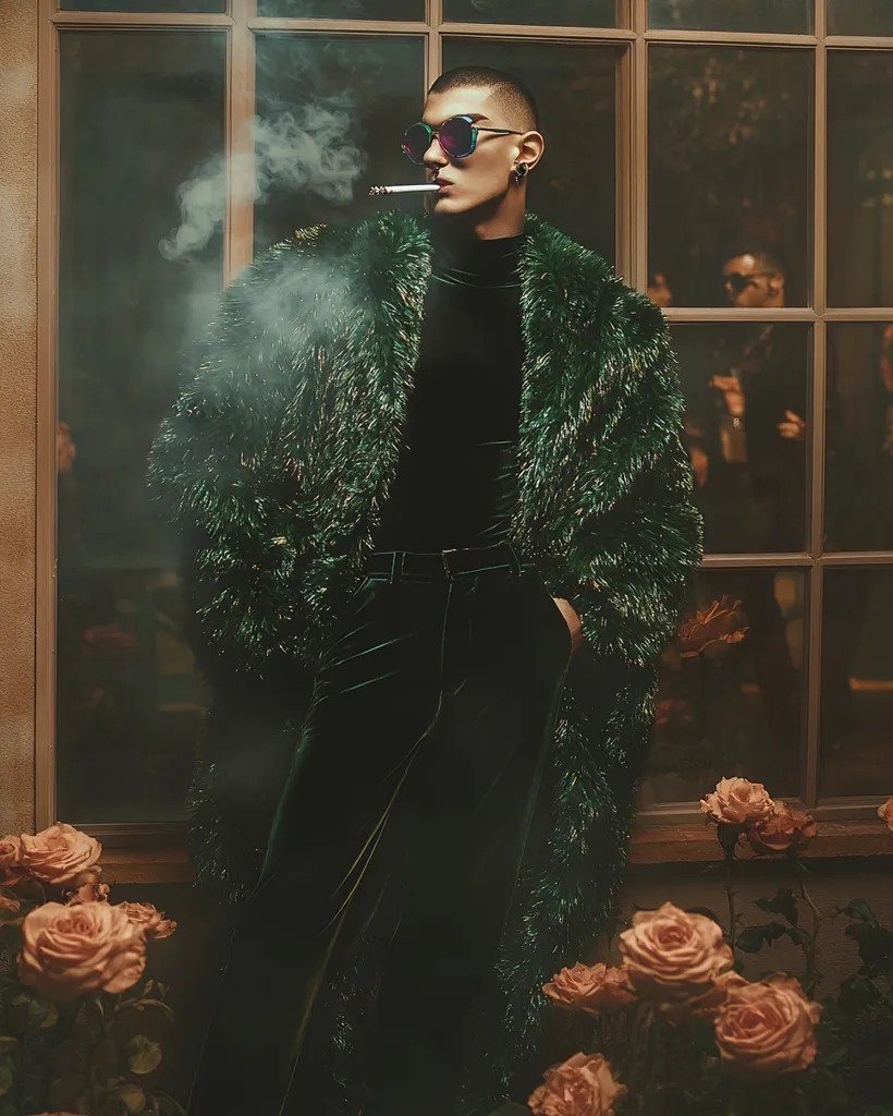 A young person wearing a green fur coat and matching velvet pants stands in front of a window, exhaling smoke from a cigarette. They are wearing sunglasses and looking away from the camera. Behind them, the reflection of another person can be seen in the window.  Roses are blooming in the foreground.  The image has a moody and stylish aesthetic.