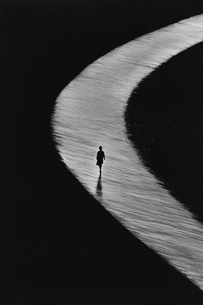 The image is a black and white photograph of a single person walking down a path. The path is a long, curved line that is illuminated by the sun, while the surrounding area is dark and shadowy. The person is a silhouette against the bright path, creating a stark contrast and emphasizing their isolation. The photograph is simple yet impactful, capturing a moment of solitude and contemplation.