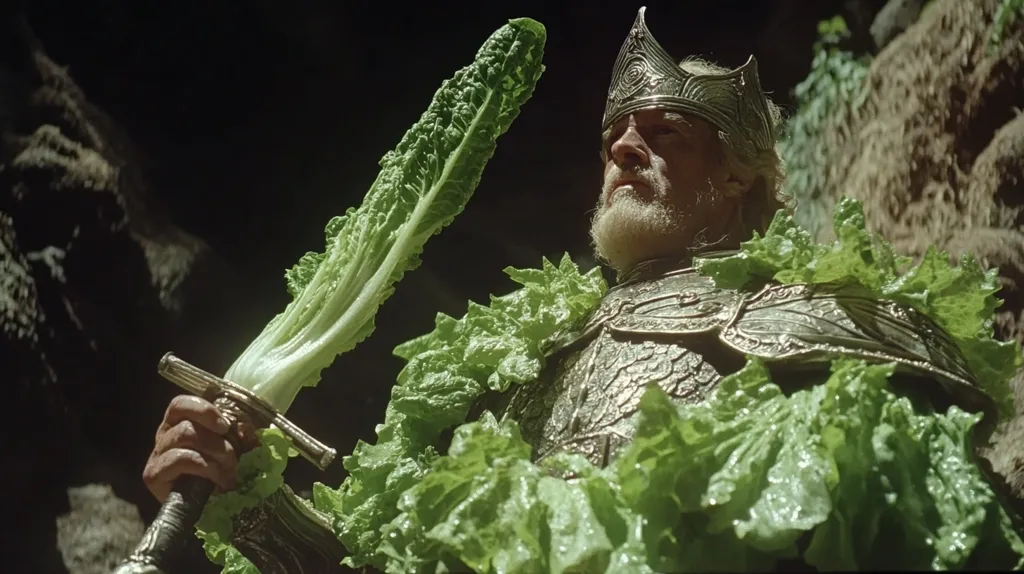 A man with a long white beard and a silver crown is dressed in silver armor and surrounded by lettuce. He holds a sword that is also made of lettuce. The image is humorous and surreal.