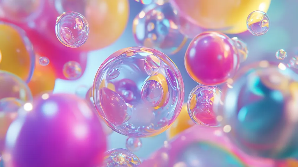 The image shows a close-up of iridescent bubbles in a variety of pastel colors, including pink, blue, yellow, and purple. The bubbles are partially transparent, allowing the light to refract and create a shimmering effect. The background is a soft, blurred blur of pastel colors. The image is soft, dreamy, and whimsical, capturing the beauty of simple objects in an abstract way.