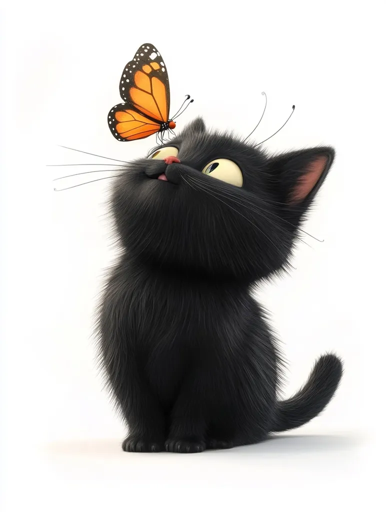 A black kitten with large, curious eyes sits on a white background.  Its whiskers twitch as it watches an orange and black butterfly perched on its head.  The kitten's fur is soft and fluffy, and its tail curls around its body.  The butterfly's wings are delicate and patterned, creating a beautiful contrast against the kitten's black fur.