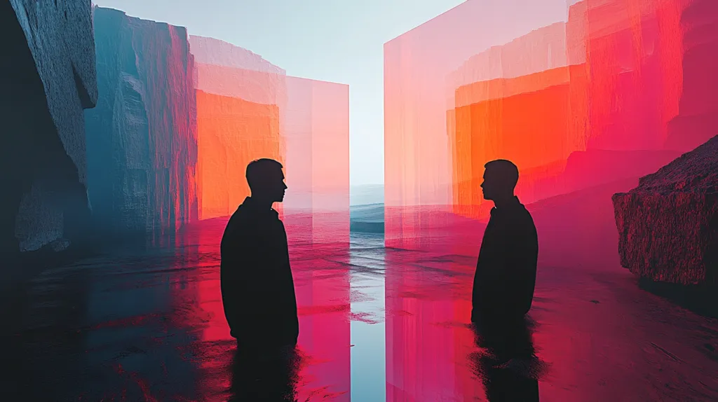 The image depicts two silhouetted figures standing in a surreal landscape. The figures are facing each other, separated by a large, translucent wall of red and orange hues. The wall is made up of many layers, creating a sense of depth and dimension. Behind the figures, there are large, rocky structures in shades of blue and gray. The scene is bathed in an ethereal light, creating a dreamlike atmosphere. The colors are vibrant and contrasting, adding to the surreal quality of the image. The figures' silhouetted forms and the abstract landscape suggest a sense of isolation and introspection.