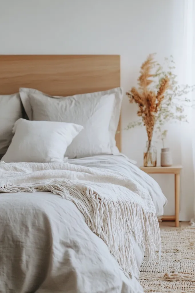 A white bed with a wooden headboard and a white fringed throw is made up with crisp white sheets and pillows.  Dried flowers in a vase are on a side table beside the bed. The bed sits on a woven rug. The room is simply decorated with a light and airy feel.  The overall image is one of peace and tranquility.