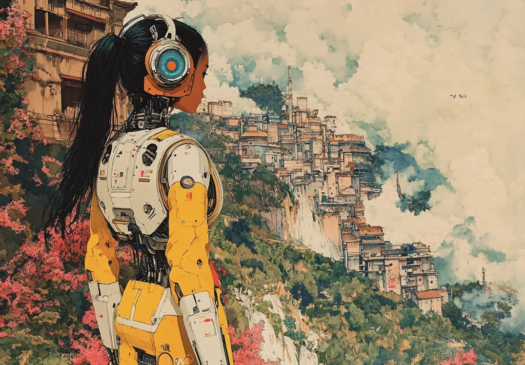 The image depicts a female android with a long black ponytail and a white and yellow exoskeleton, standing on a hillside overlooking a sprawling cityscape. The city is built into the side of a mountain, with waterfalls cascading down the rock face. The sky is filled with wispy clouds, creating a dreamy and ethereal atmosphere. The android's gaze is fixed on the distant city, suggesting a sense of wonder or longing. The overall tone of the image is one of beauty and serenity, with a touch of futuristic mystery.