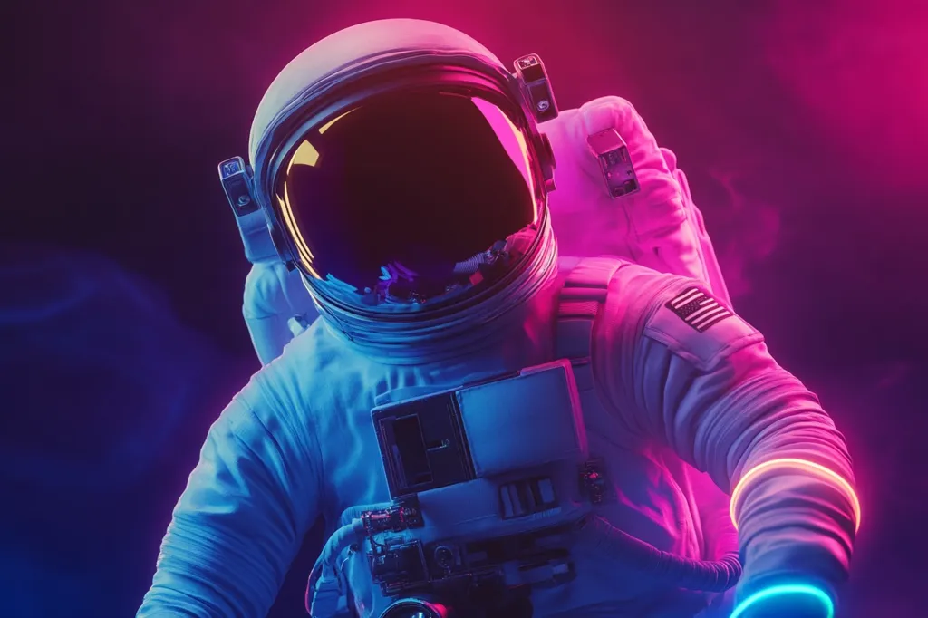 An astronaut in a white spacesuit, with a large, reflective helmet, is illuminated by vibrant pink and blue neon lights. Their arm is extended, holding a black camera, and the background is a smoky, abstract haze. The image has a futuristic, sci-fi aesthetic.