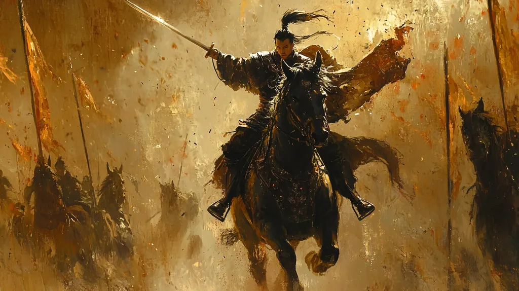 A lone warrior on horseback charges into battle, sword raised high. He wears armor and a flowing cloak. Behind him, other warriors and horses can be seen, their forms blurred by the dust and heat of the conflict. The scene is painted in bold, expressive strokes, conveying the intensity and chaos of the fight. The background is a swirling mass of yellow and orange, suggesting smoke and fire.