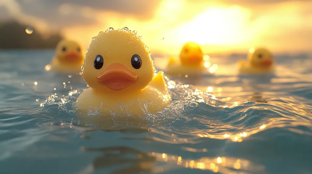 A yellow rubber ducky floats in the middle of the frame, with a blurry sunset in the background and two other ducks in the distance. The duck in focus is in the water, with a small amount of spray around it.  The water is calm and reflecting the warm colors of the sunset.  The ducks are a cute and playful subject.