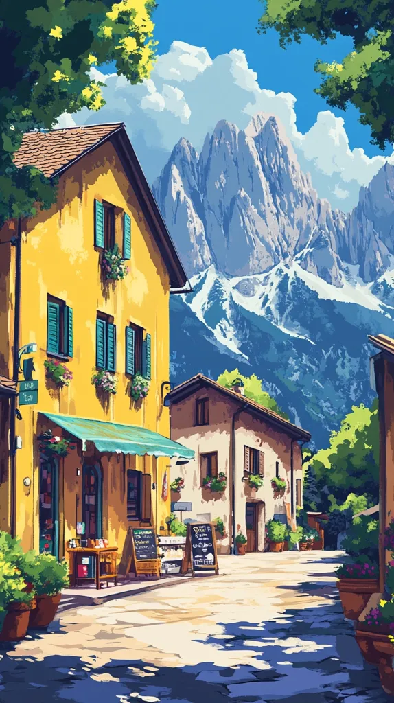 A charming street scene with a bright yellow building with green shutters, a smaller building beside it, and a backdrop of snow-capped mountains. Lush greenery frames the street and the scene is bathed in warm sunlight. The street is paved with cobblestones, and the buildings have charming details like flower boxes and signs. The scene suggests a quaint and picturesque European town.