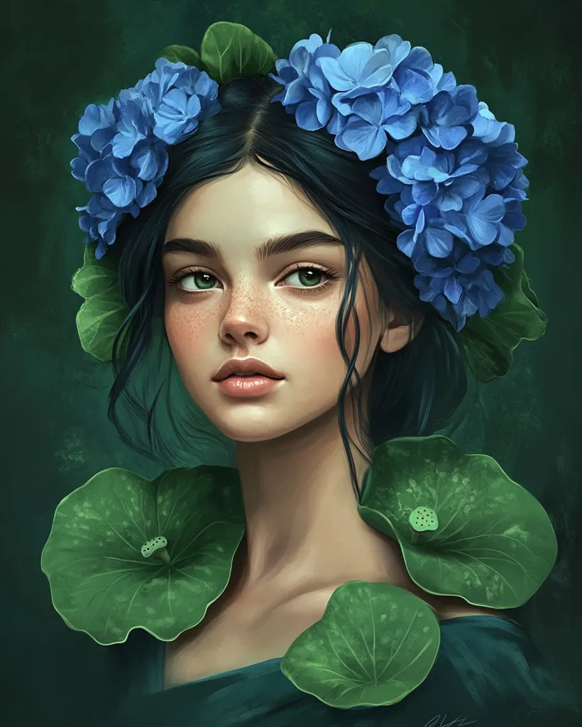 A portrait of a young woman with blue hydrangeas in her hair and green lotus leaves on her shoulders. The background is a dark green. She has an expression that suggests she feels serene or meditative, in the style of a digital art painting. --ar 49:61
