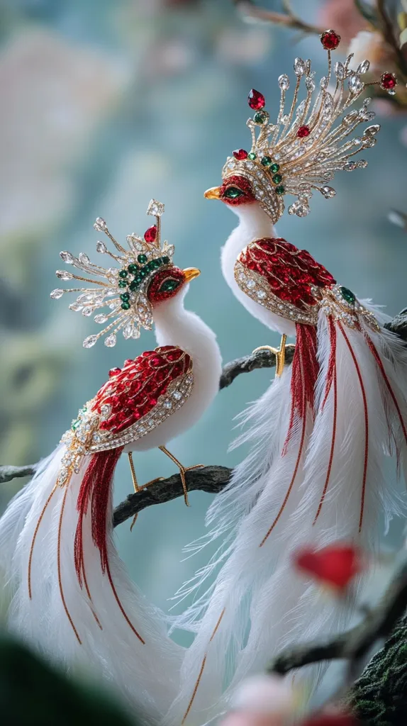 Two intricately designed, jeweled bird ornaments with white and red plumage, perched on a branch. The birds are adorned with sparkling gemstones, creating a luxurious and elegant display. Their long, feathery tails flow gracefully, resembling a delicate cascade of white and red. The backdrop features a soft, out-of-focus background, highlighting the intricate details of the ornaments.