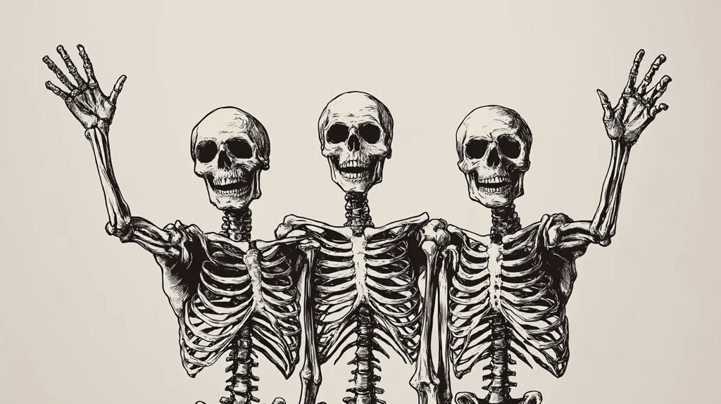 Three skeletons, each with a distinct expression, stand side-by-side. The skeleton on the left waves with a friendly grin, while the skeleton on the right waves with a slightly more mischievous look. The middle skeleton holds a neutral expression, its gaze fixed ahead. The intricate details of their ribcages and skulls are drawn with precision, creating a striking and slightly eerie image.