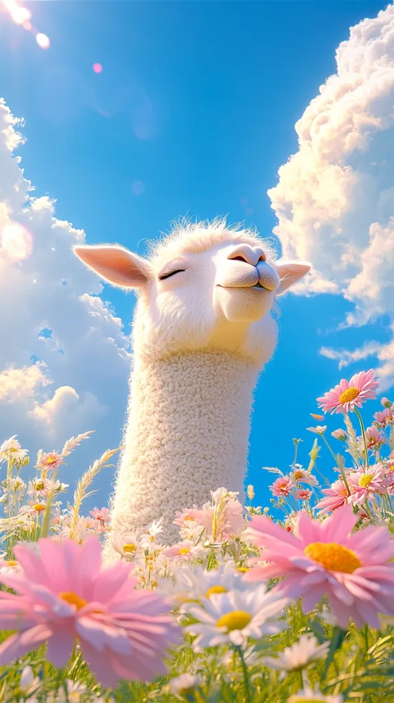 A white fluffy llama stands in a field of pink and white flowers, looking up at the bright blue sky with fluffy white clouds. The sun shines brightly, casting a warm glow on the scene. The llama appears to be happy and content, enjoying the beautiful day.  The scene is whimsical and idyllic, evoking feelings of joy and peace.