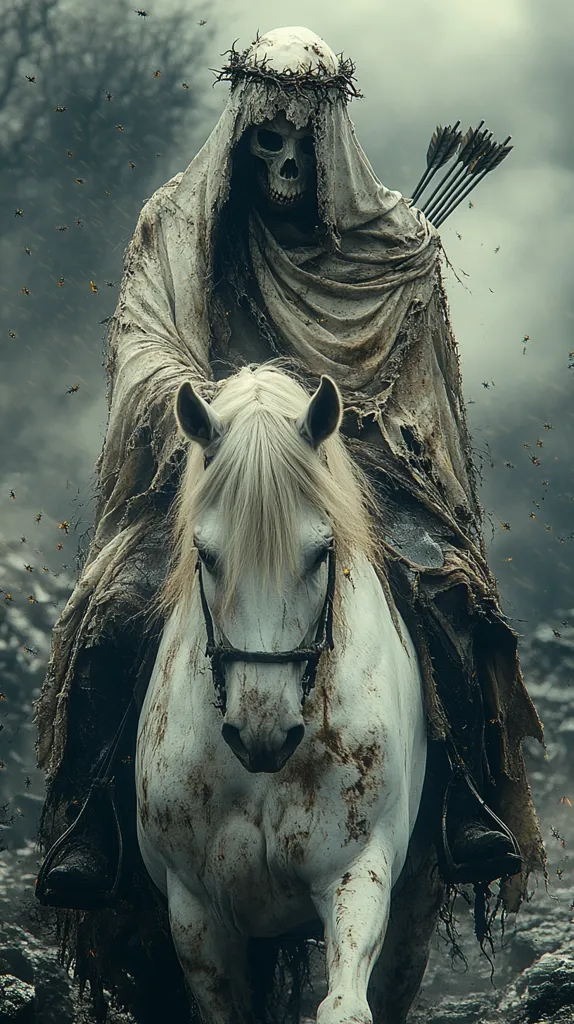 A skeletal figure wearing a tattered white robe and a crown of thorns rides a white horse through a misty forest.  The horse is covered in mud, and the rider carries a quiver of arrows on their back.  A swarm of insects flies around them.  The image evokes a sense of death and decay.