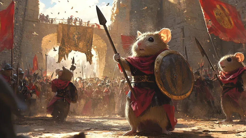 The image depicts a scene of a battle between two armies of mice. The mice on the left are led by a large mouse holding a spear and shield. The mice on the right are led by a smaller mouse, also armed with a spear and shield. They are both standing in front of their troops, which are comprised of hundreds of other mice, all armed with swords and spears. The image is set in a medieval setting, with stone walls and a banner hanging in the background. The image is full of energy and excitement, as the mice are all about to charge into battle.